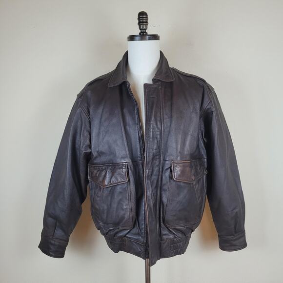 Charles Klein Jacket Men Medium Brown Leather Bomber Aviator Zip Classic Pockets - Picture 1 of 8